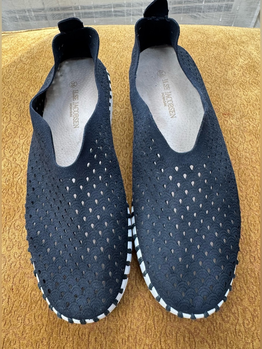 Ilse Jacobsen Sz 38 (7.5/8) Tulip Platform Navy Perforated Knit Slip-On Loafers